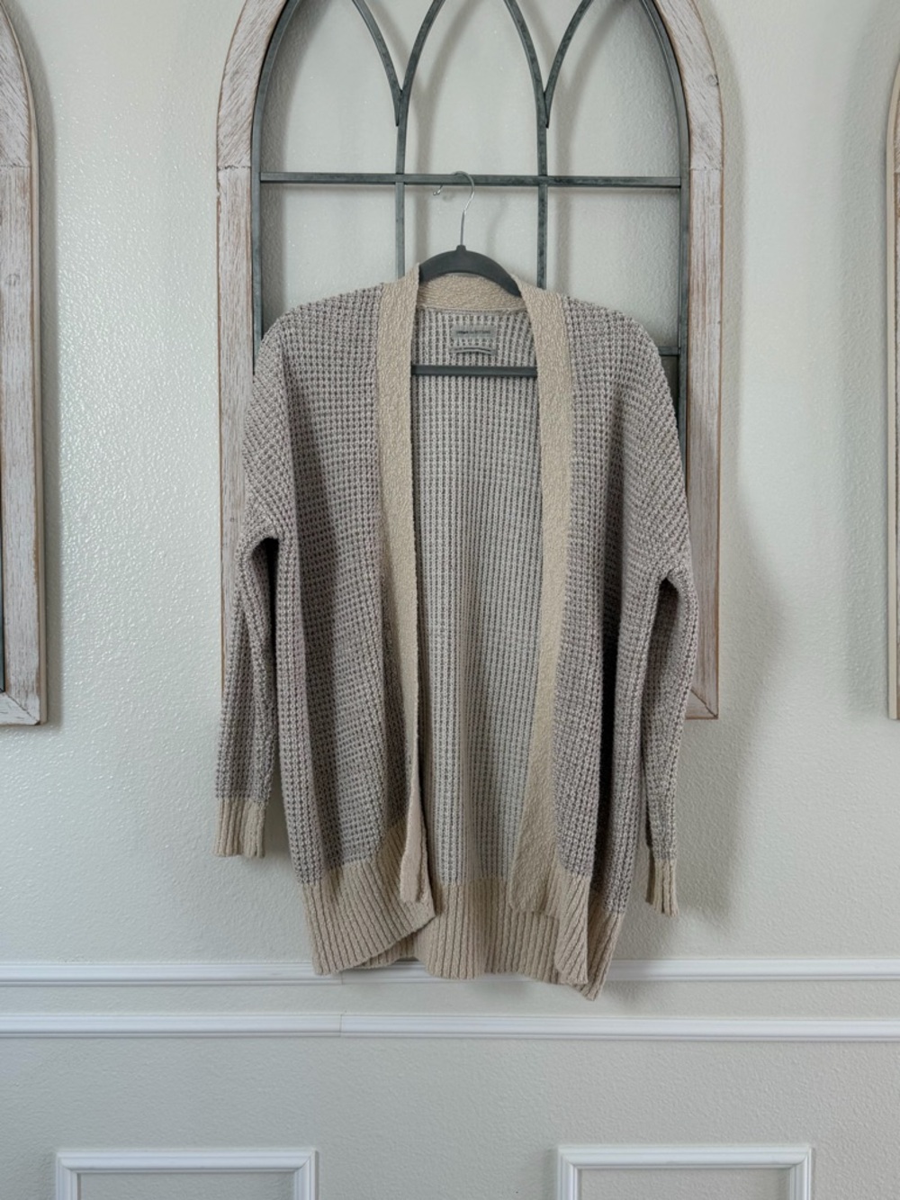 Urban Outfitters Beige and Cream Open-Front Waffle Cardigan